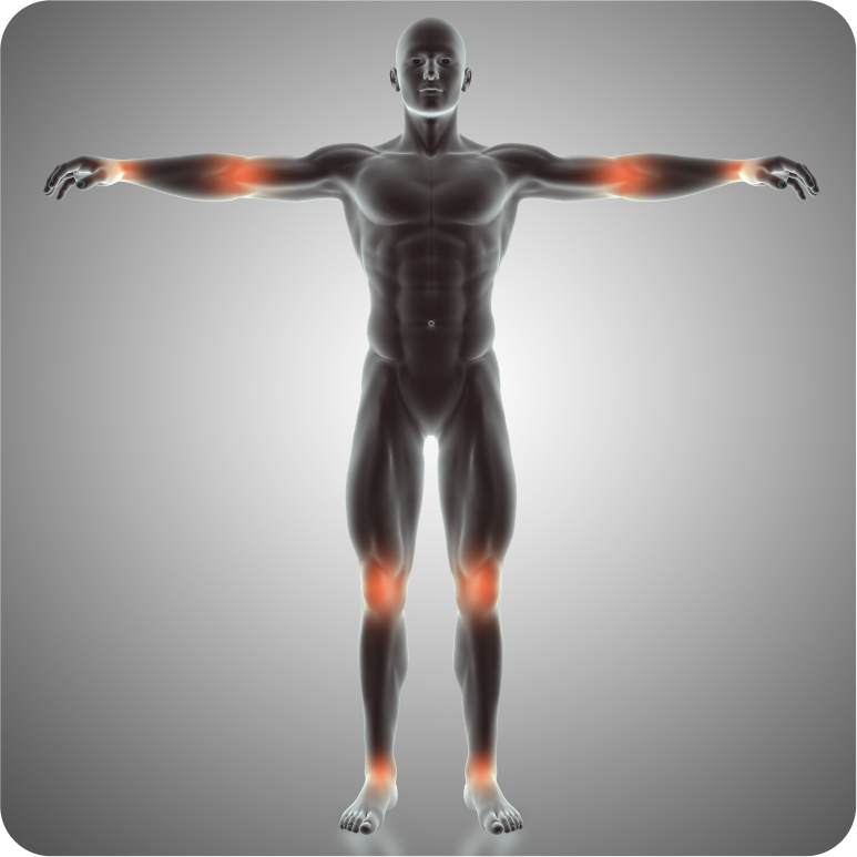 Anatomical illustration of a human body with arms and legs extended, highlighting major joints including the shoulders, elbows, wrists, hips, knees, and ankles, representing the joints treatable with stem cell therapies at Blue Phoenix clinic