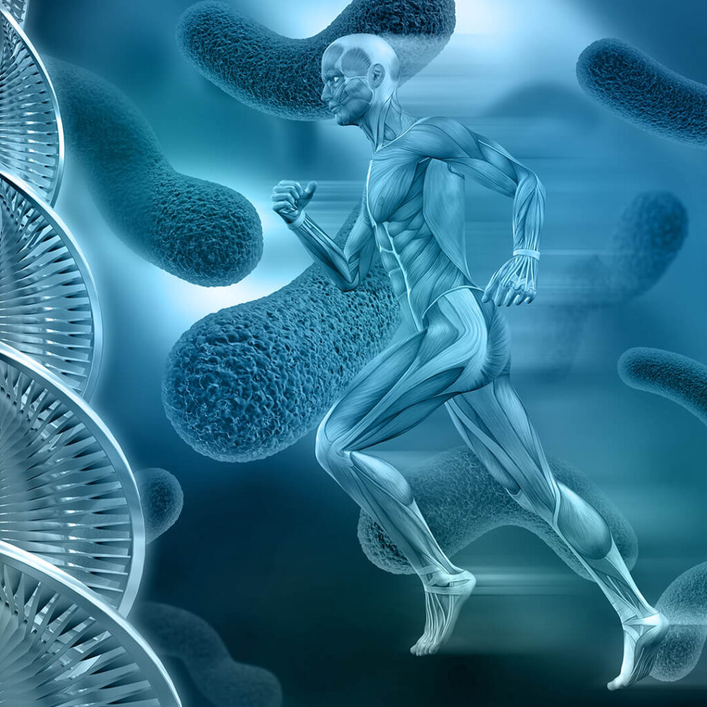Anatomical illustration of a body in motion, running, set against a background symbolizing stem cells and their benefits, emphasizing the therapeutic impact of Neurological Stem Cell Treatment on overall bodily function.